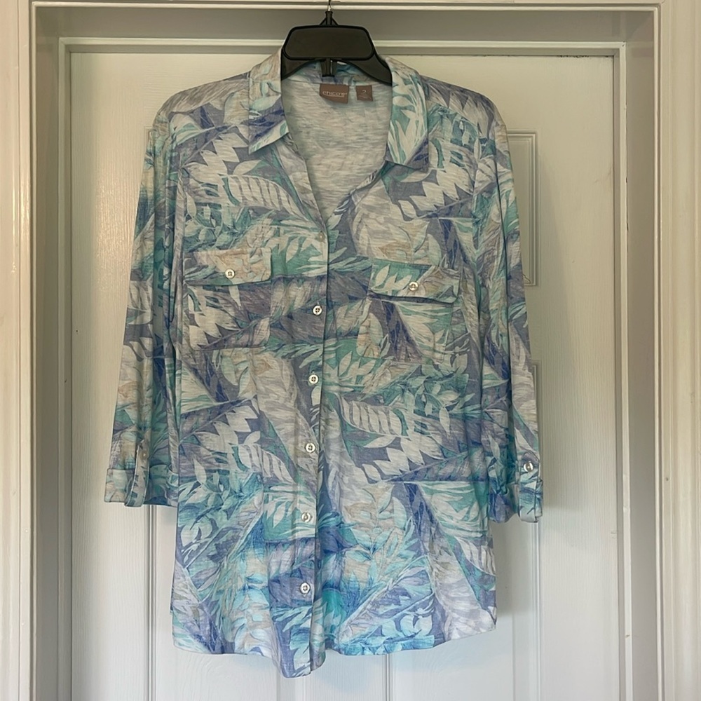 Chico’s - collared 3/4 sleeved tunic - pastels green,lavender, tan,white size 2